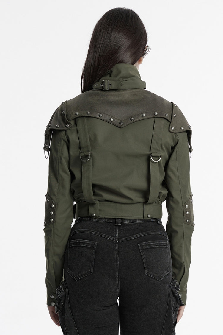 Emerald Stand Collar Long Sleeve Stitching Faux Leather Gothic Military Jacket for Women