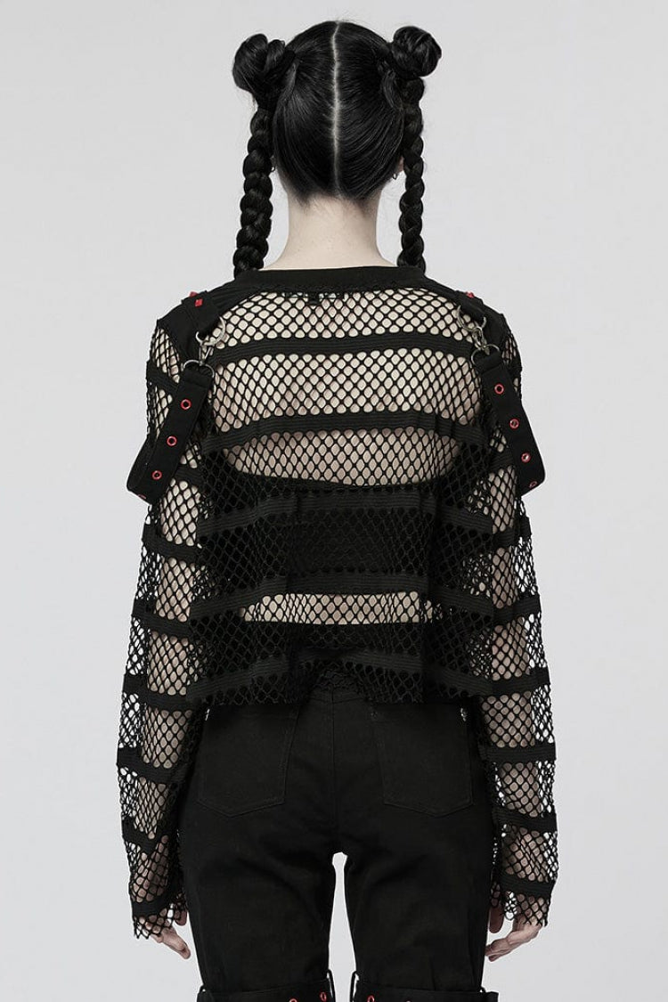 Steampunk Sheer Mesh Tee with Lace-Up Detail and Extended Sleeves