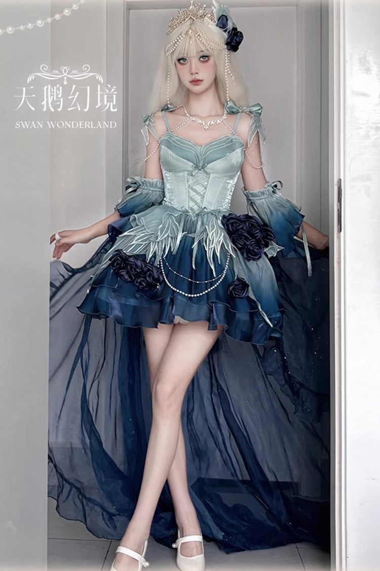 Swan Wonderland Embroidery Lace-Up Ballet Lolita JSK Dress in Blue