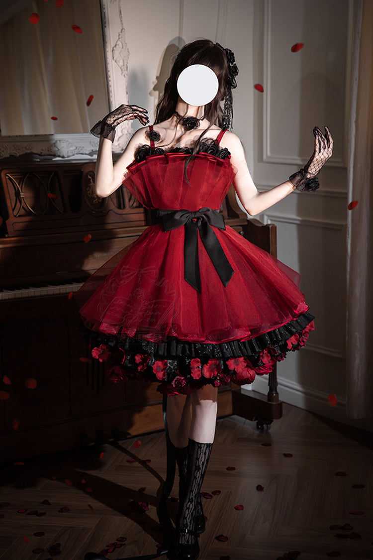 Burgundy Eternal Night Bouquet Sleeveless Ruffle Bow Sweet Princess Lolita Gown