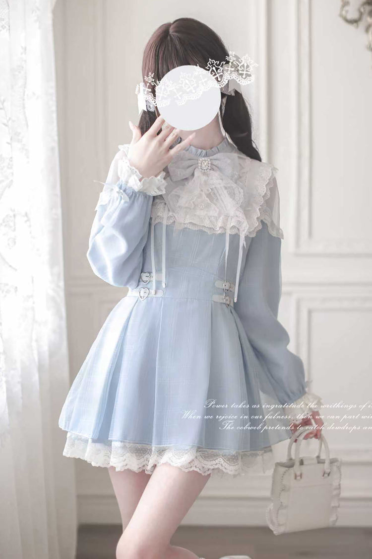Angel Heartbeat Bowknot Lace Sweet Jirai Kei Japanese Dress with Long Sleeves