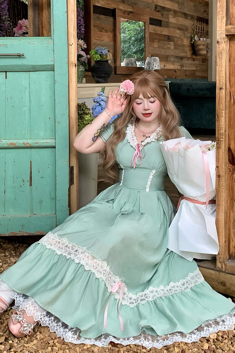 Emerald V Collar Short Sleeve Ruffled Lace Sweet Plus Size Lolita Gown