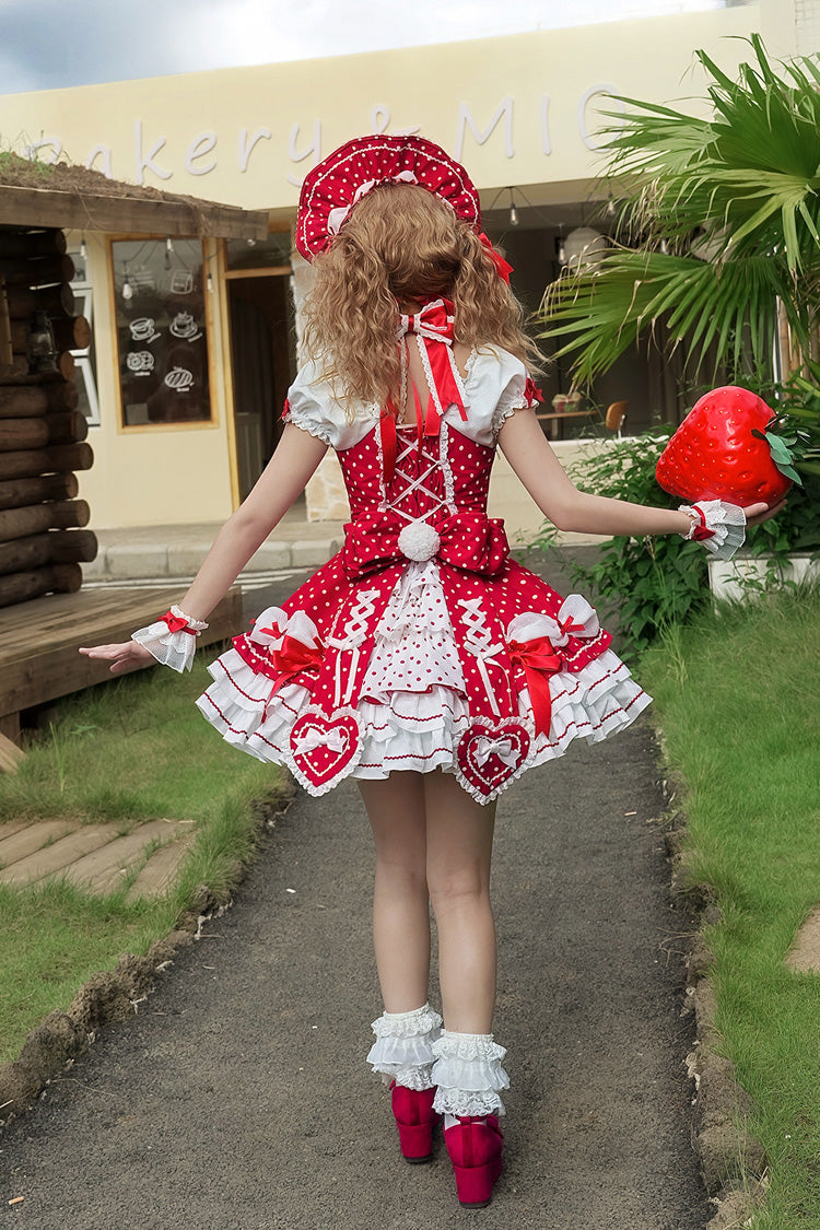 Wine Halterneck Polka-Dot Bow Lace-Up Sweet Lolita Frock