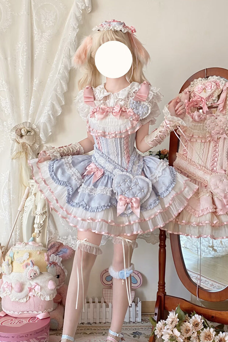 Azure Triple Ruffled Bow Lace-Up Slim Ballet Sweet Lolita Outfit