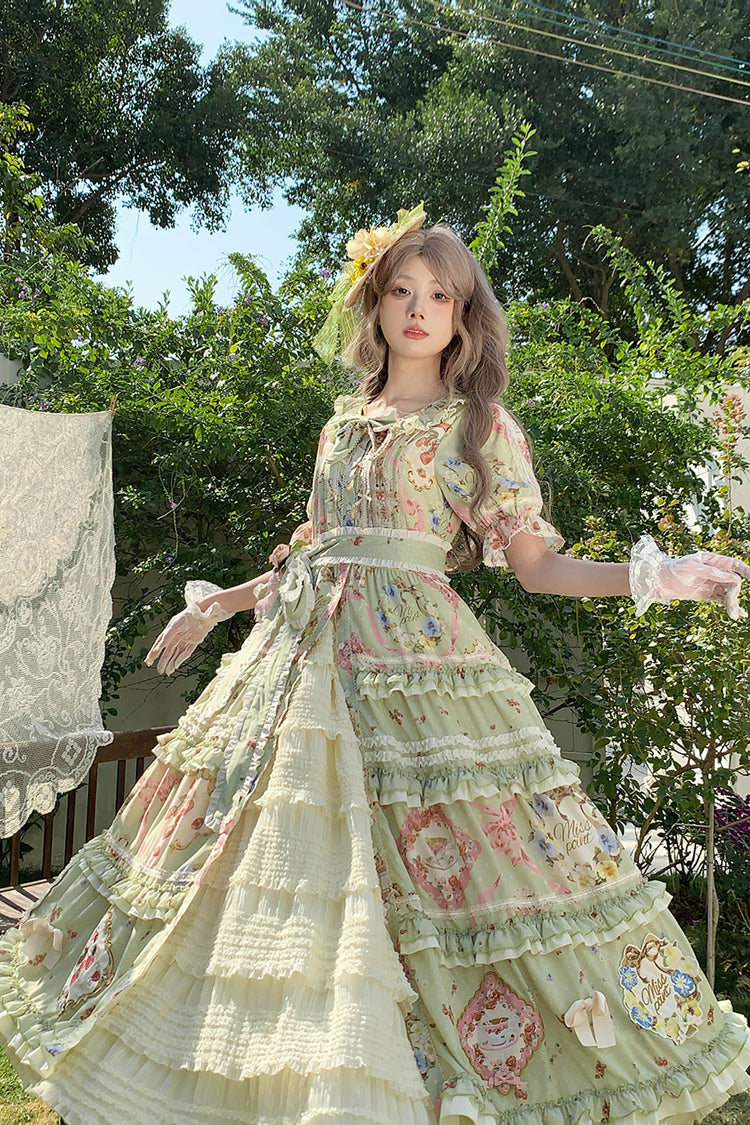 Emerald Cat Rose Tea Short Sleeve Printed Ruffle Cardigan Bow Sweet Lolita Gown