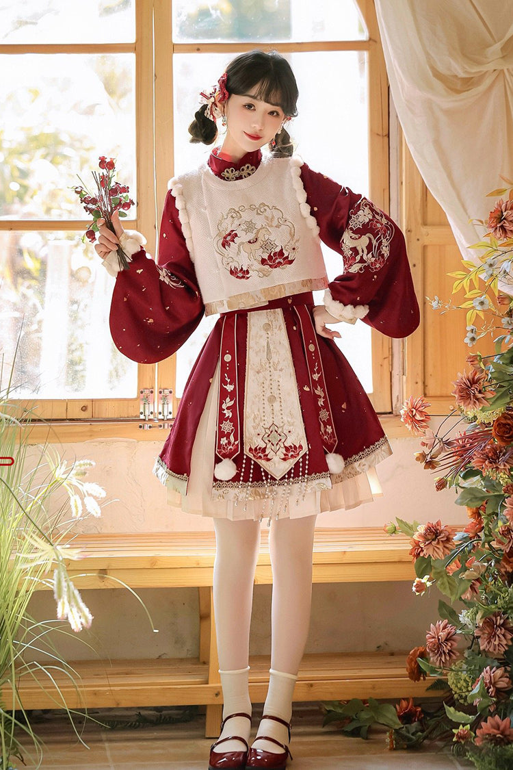 Ruby Embroidered Hanfu Ensemble with Bell Sleeves and High Waist