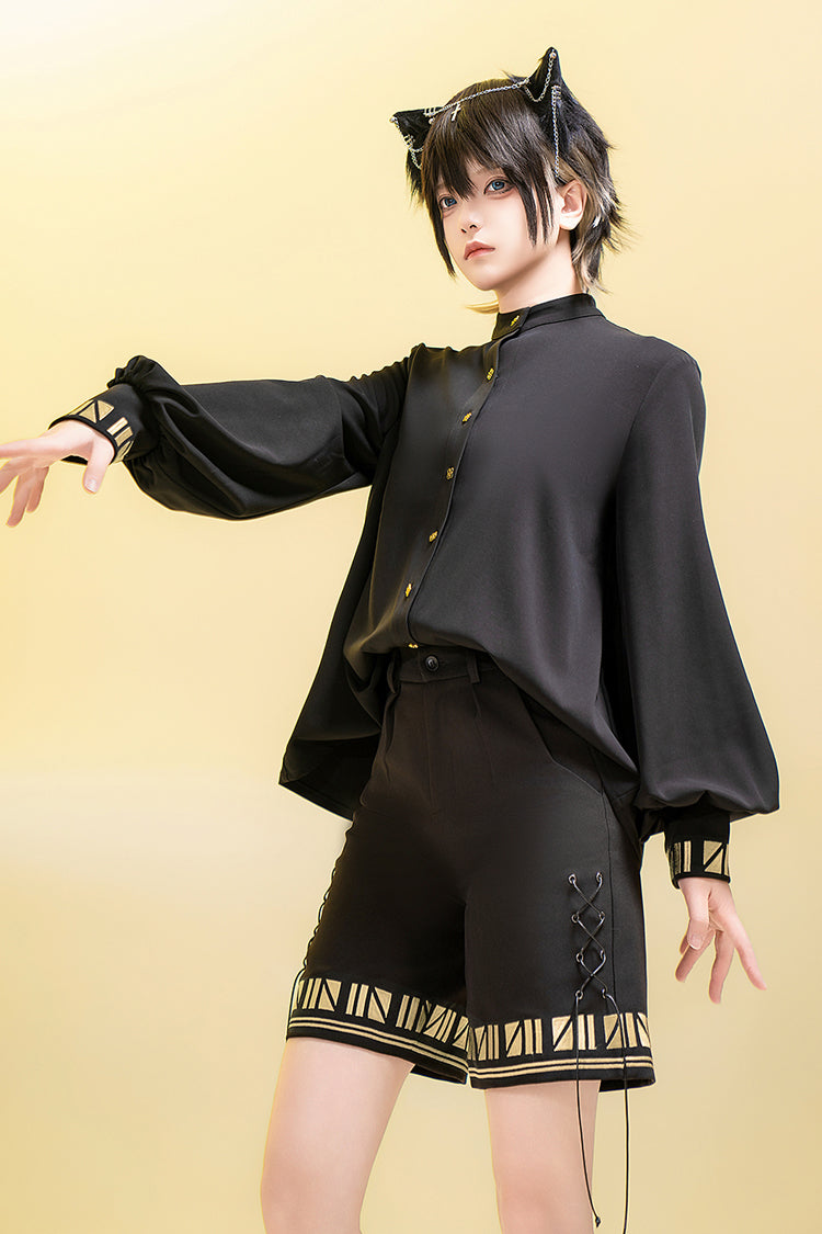 Long Sleeve Embroidered Ouji Gothic Blouse - Black Cat