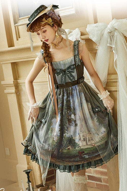 Emerald Salisbury Cathedral Oil Painting Print Classic Lolita JSK
