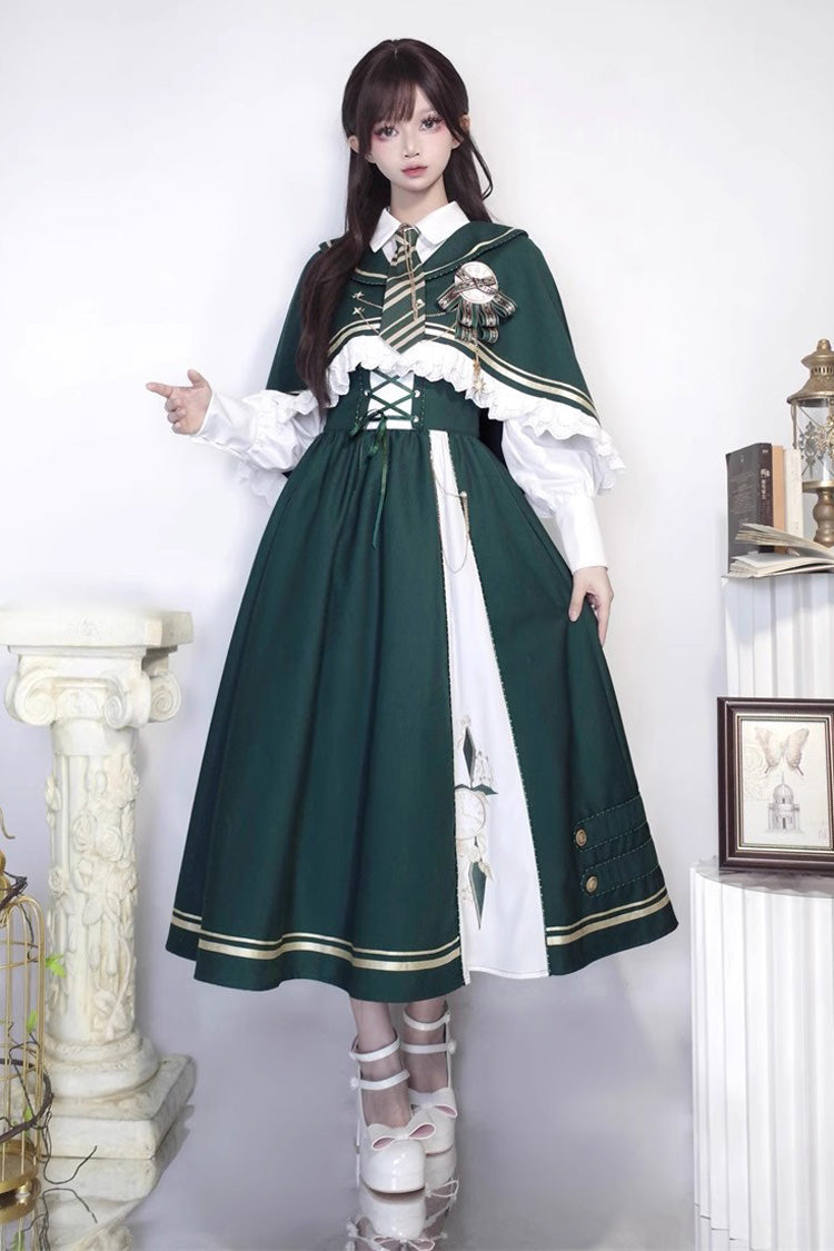 Emerald Time Traveler Print College Style Sweet Lolita Strap Gown 4 Piece Set