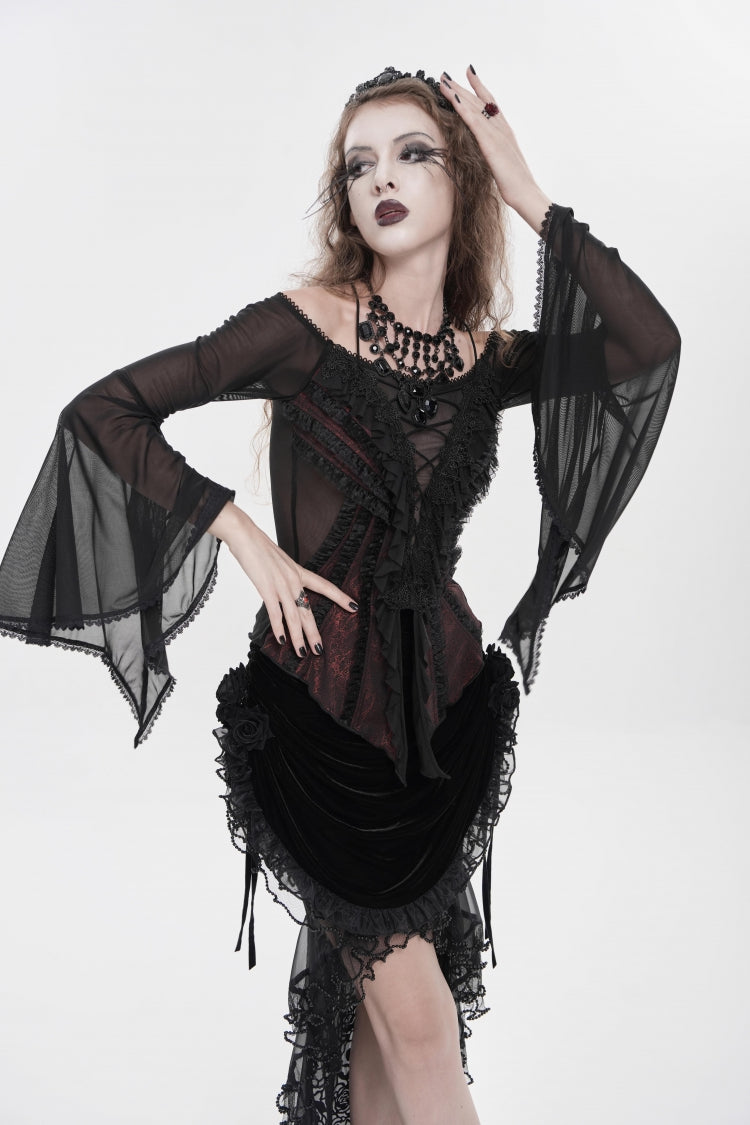 Crimson & Noir Off-Shoulder Long Bell Sleeve Ruffled Embroidered Lace-Up Gothic Blouse