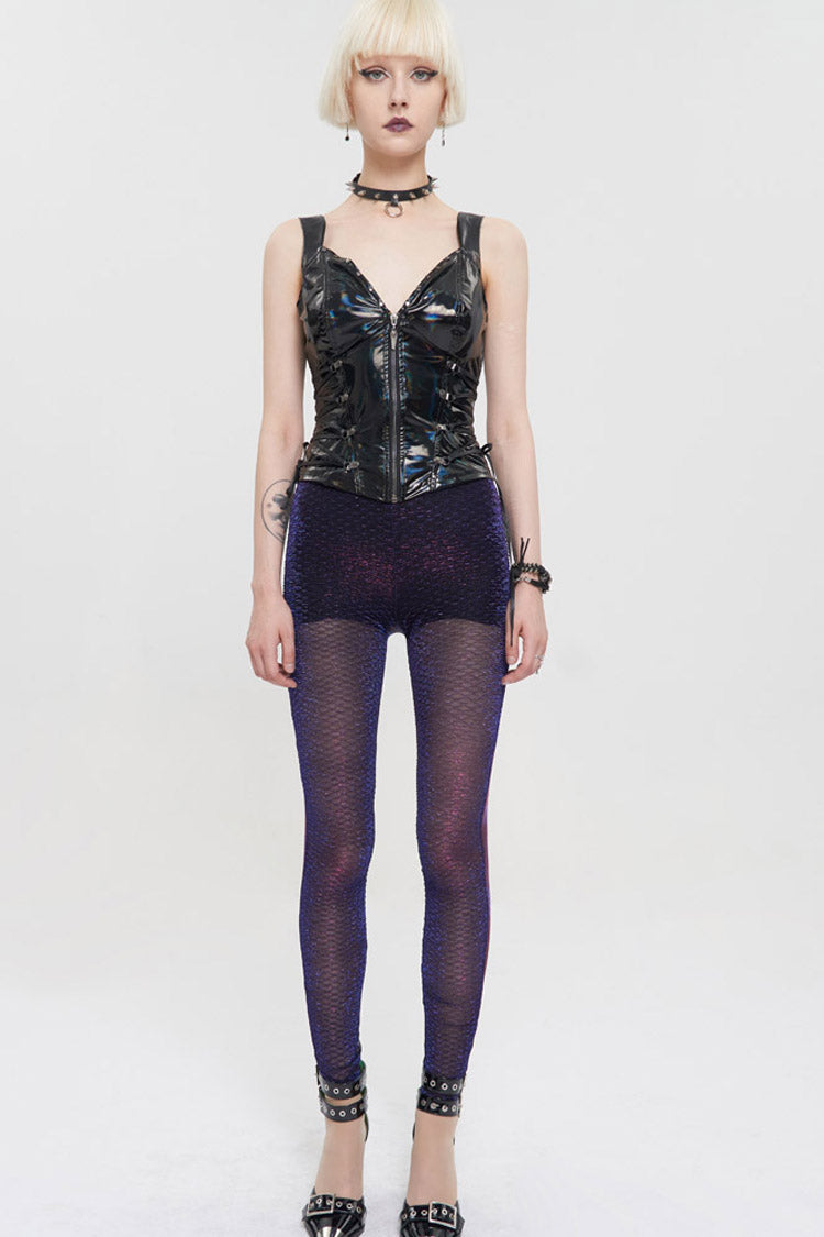 Women's Punk Leggings with Color-Changing Mesh and Wavy Surface Splicing