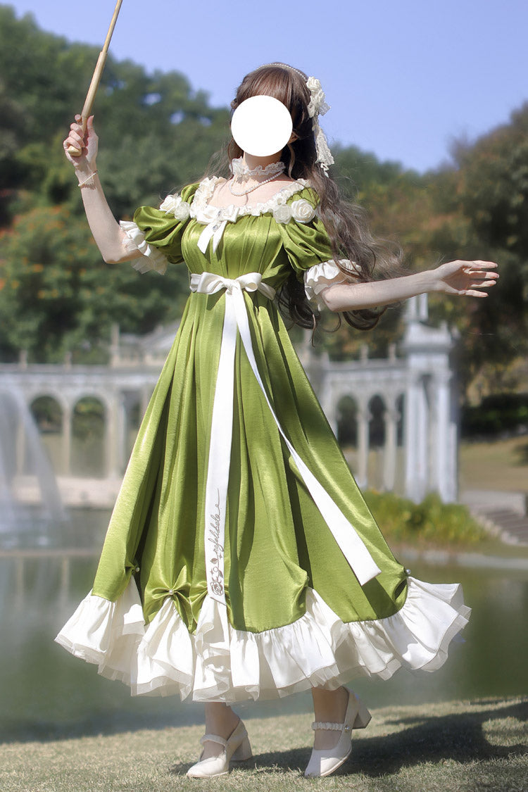 Emerald Square Neck Short Sleeve Ruffle Bow Sweet Regency Vintage Lolita Dress