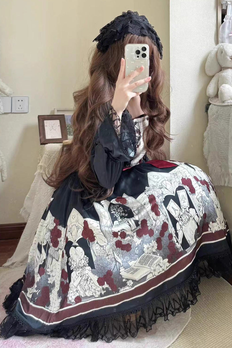 Print Bow Lace Gothic Dress - Alice of the Asylum