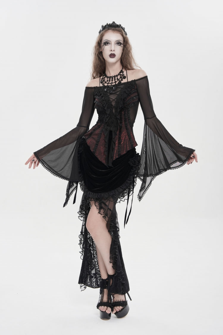 Crimson & Noir Off-Shoulder Long Bell Sleeve Ruffled Embroidered Lace-Up Gothic Blouse