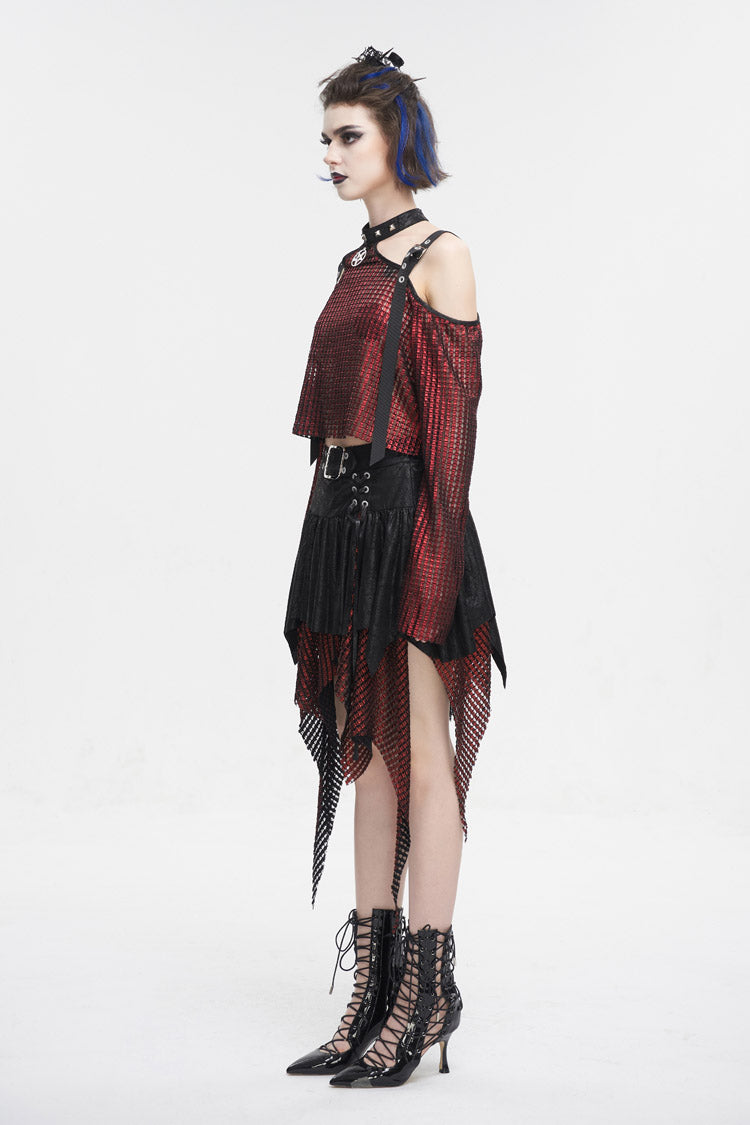 Crimson Gothic Crop Top with Buckle Details and Sheer Fabric