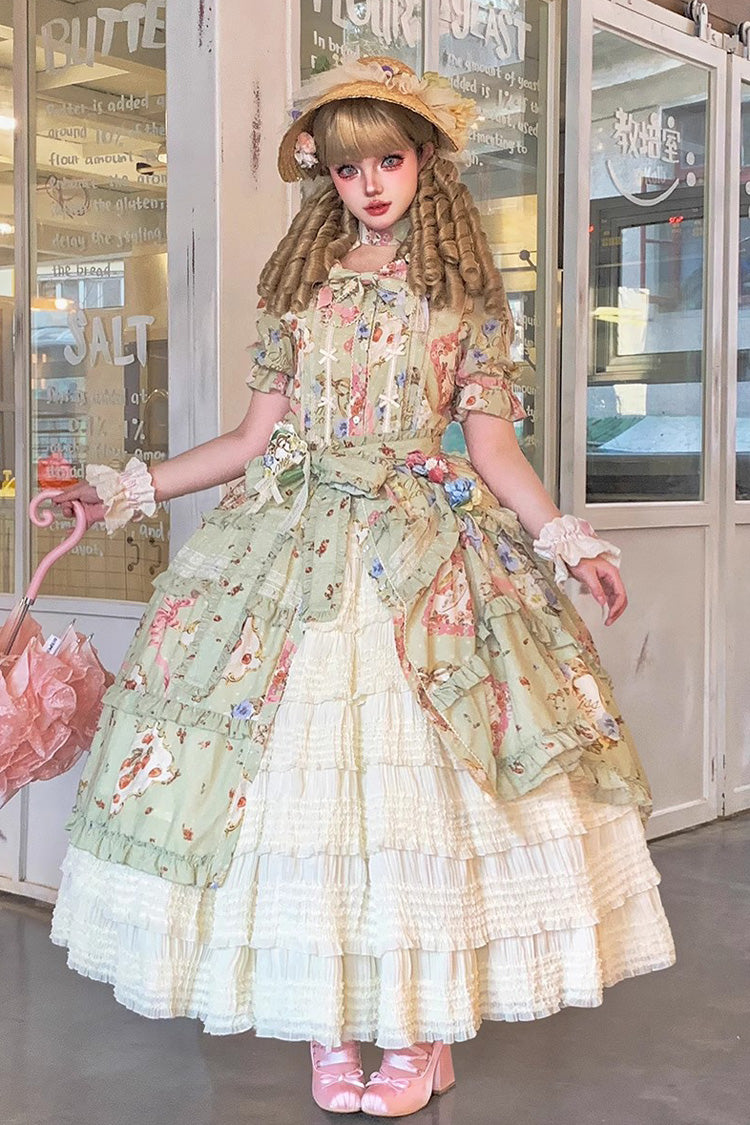 Emerald Cat Rose Tea Short Sleeve Printed Ruffle Cardigan Bow Daily Lolita Gown