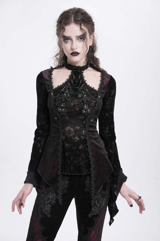 Crimson Gothic Blouse with Jacquard Cutout and Trumpet Sleeves