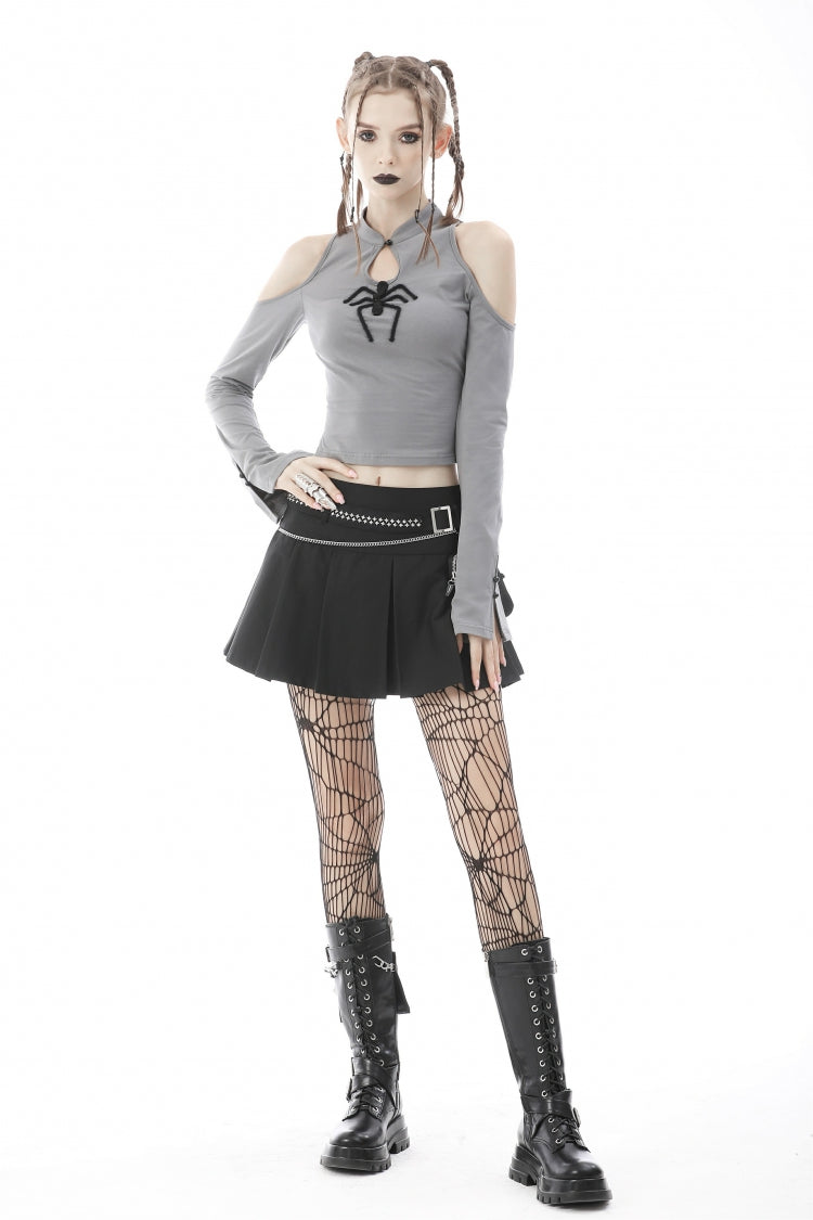 Jet-Black Chain-Trimmed Pleated Mini Skirt with Waistbelt
