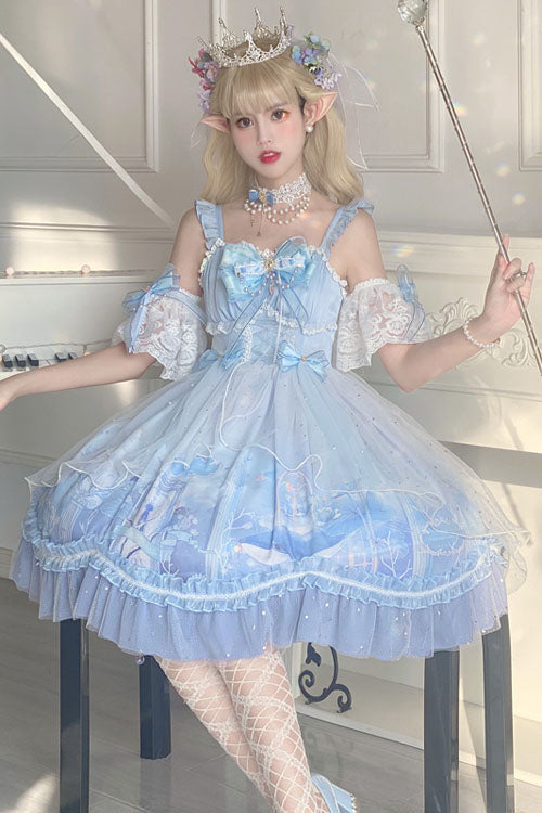 Ocean Whale Print Bowknot Multi-Layered Ruffled Princess JSK