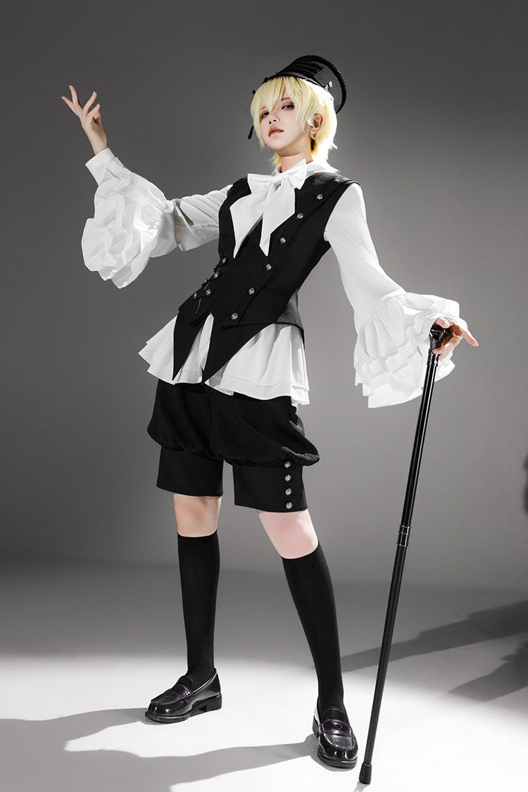 Lapel Collar Ruffled Bow Classic Prince Ouji Set - Ash