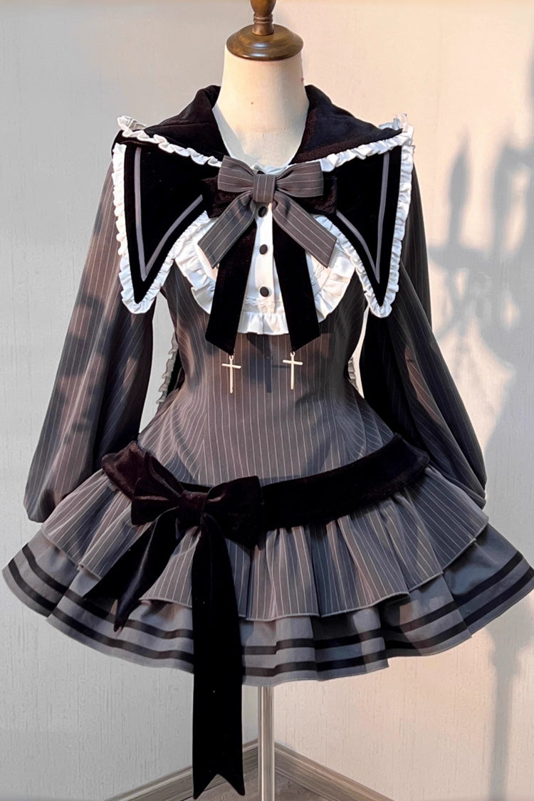 Navy Collar Long Sleeve Ruffle Gothic Dress - Bizarre Rabbit Opera