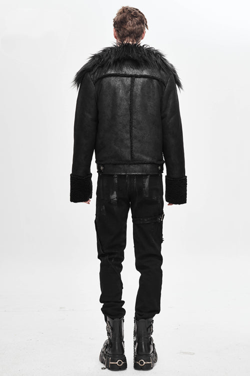 Warm Short Punk Jacket with Wool Collar for Men - Noir