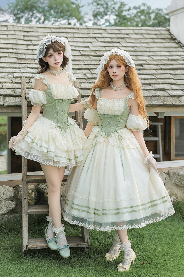 Emerald Square Neck Ruffled Lace Bow Accent Sweet Lolita JSK in Two Styles