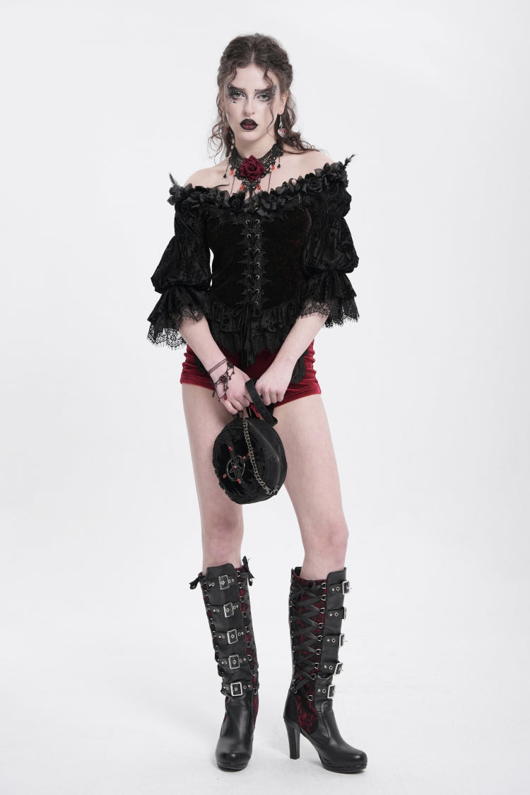 Crimson Gothic Blouse with Ruffled Sleeves and Lace-Up Front