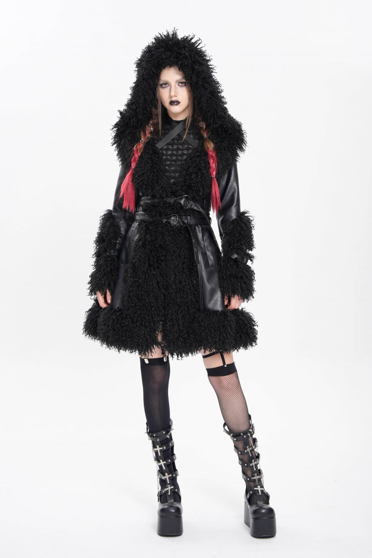Women's Punk Coat with Plush Stitching, Buckle Straps and Hood, Long Sleeve