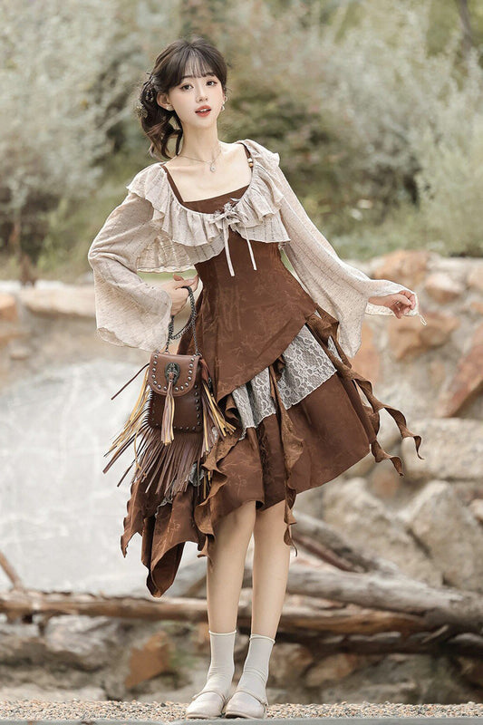 Chocolate Printed Asymmetric Punk JSK Set - Dune Traveler