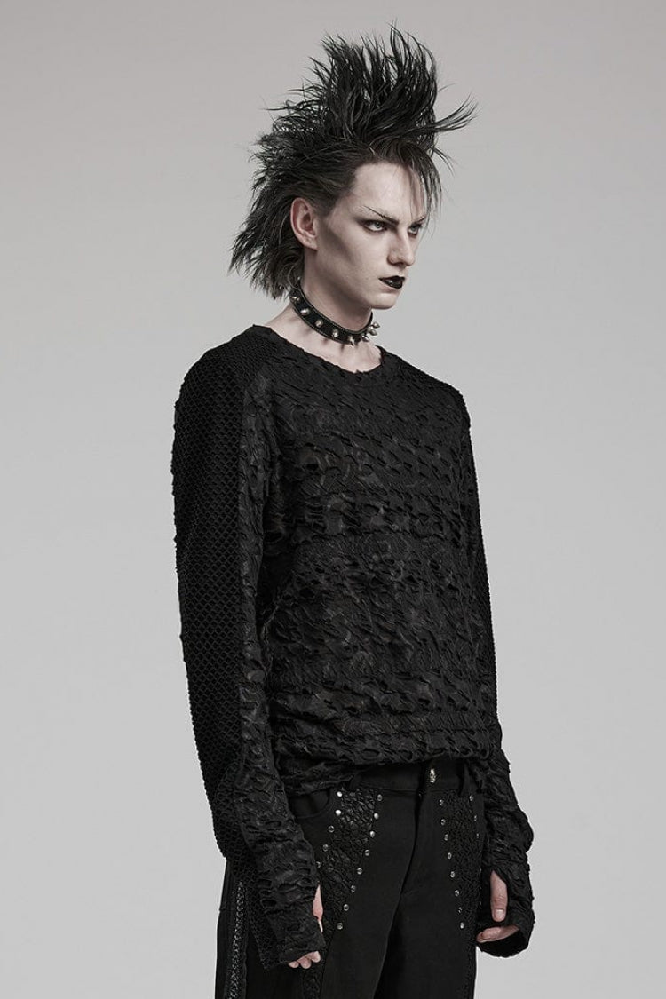 Gothic T-Shirt with Ripped Print and Stitching, Long-Sleeve Men's Tee
