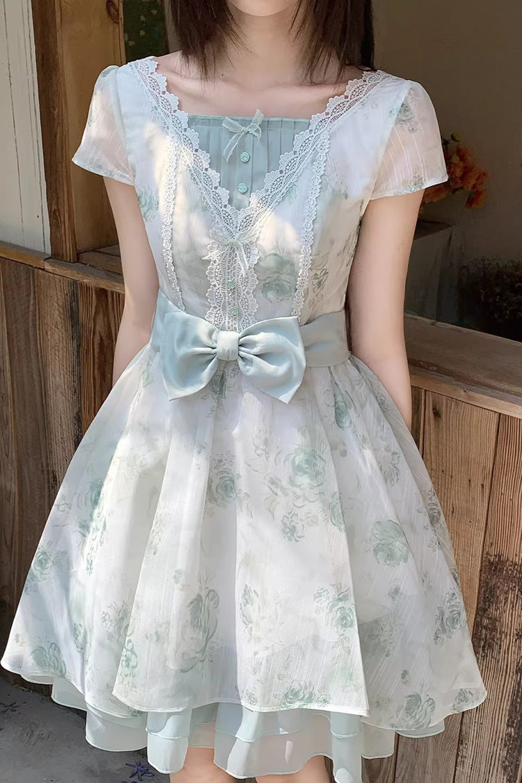 Emerald Short Sleeve Floral Print Bow Lace Sweet Princess Lolita Dress
