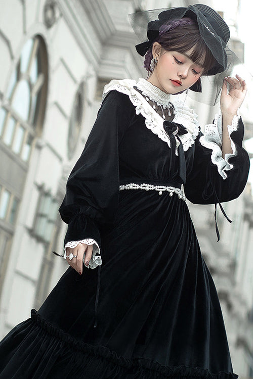 Elegant Velvet Collar Long-Sleeve OP Dress in Black