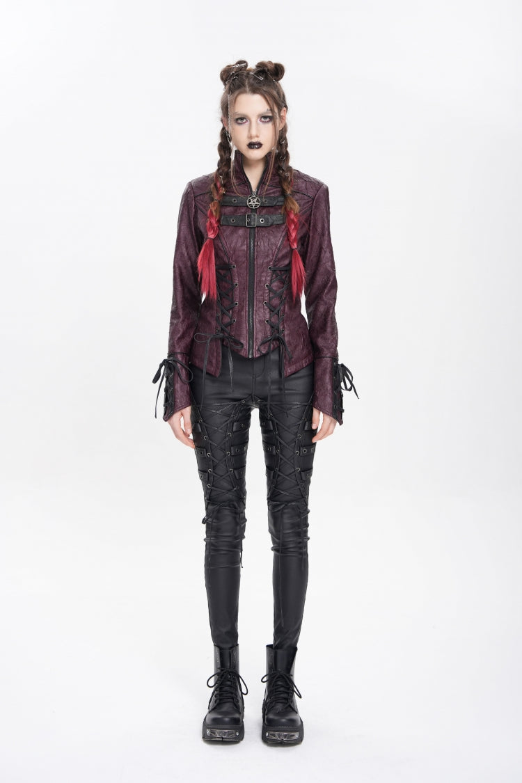 Burgundy Pentagram Buckle Punk Jacket