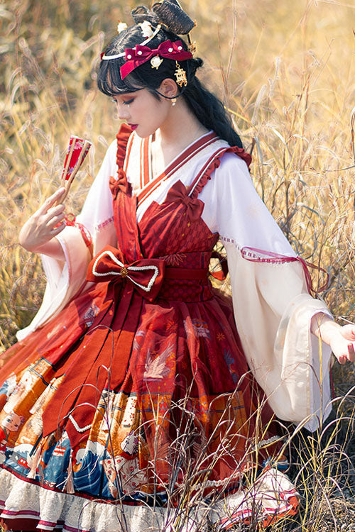 Burgundy Ukiyoe Cat Print Long Sleeve Chinese Style Two-Piece Look Bow Ruffle Sweet Lolita OP Gown