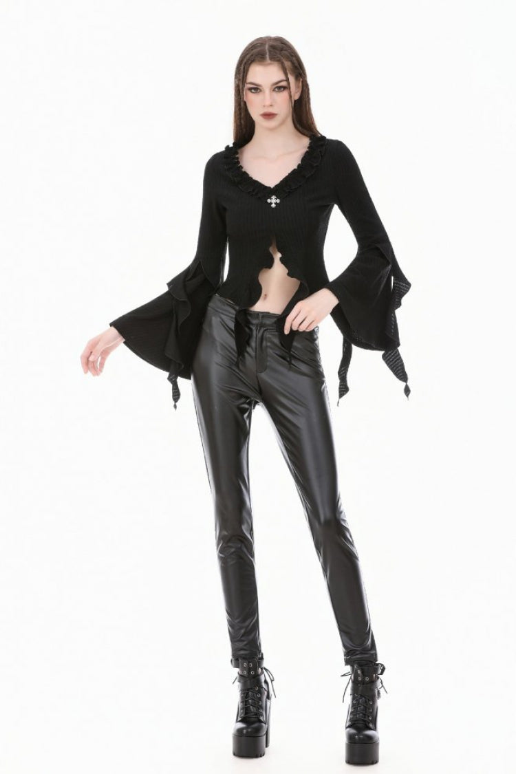 Women's Gothic Crop Top with Ruffled V-Neck, Split Trumpet Sleeves and Streamer