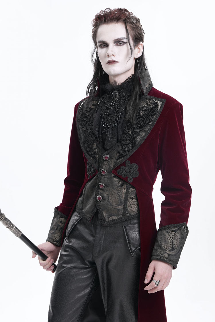 Burgundy Long Sleeve Button Floral Embroidery Gothic Men's Jacket