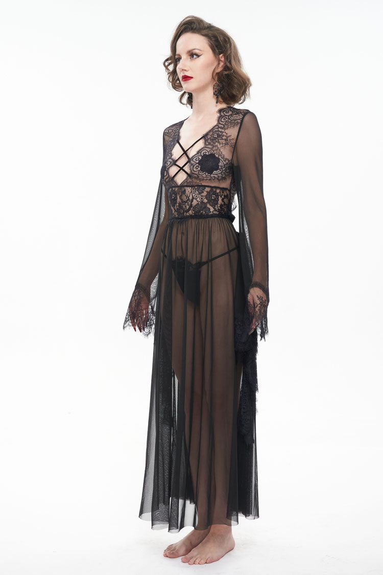 Sheer Backless Lace Bell-Sleeve Goth Gown