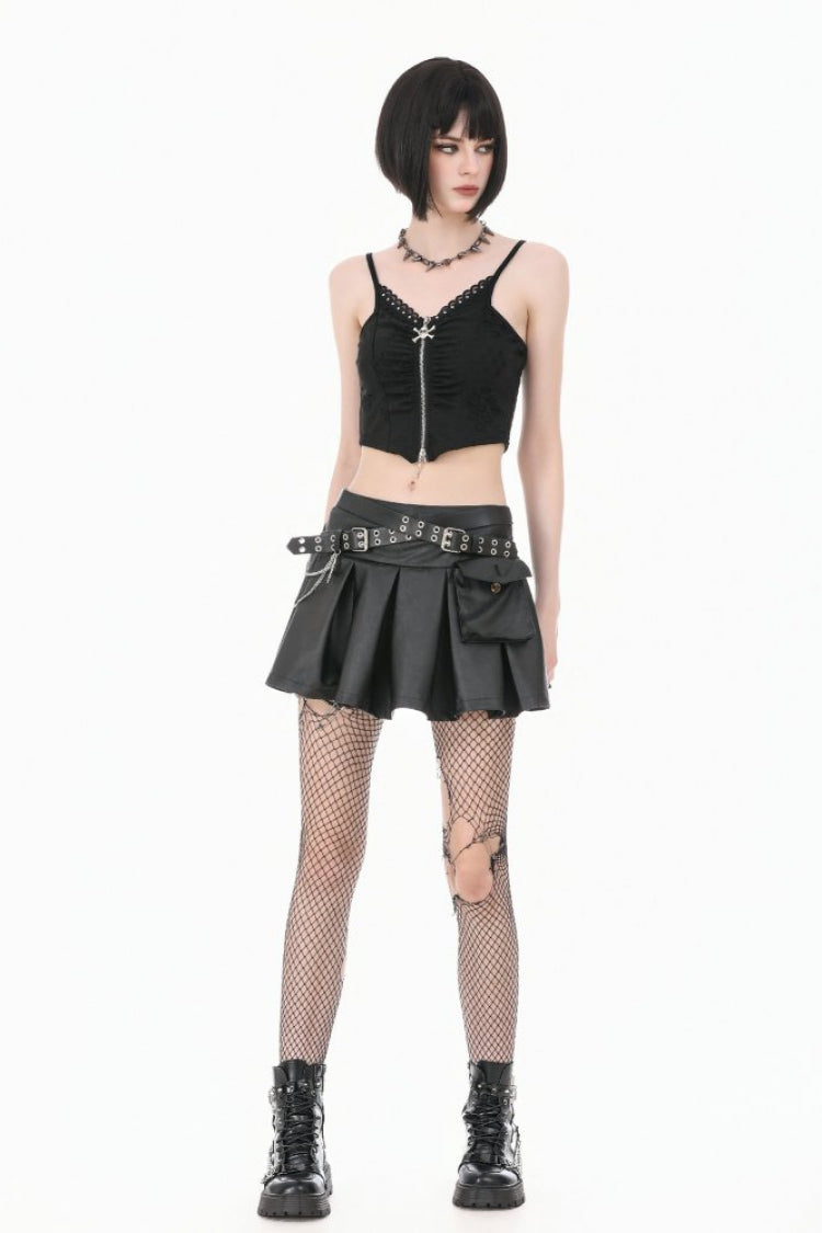 Women's Punk Pleated Skirt with Belt, Chain and Cross Lace-Up Decoration