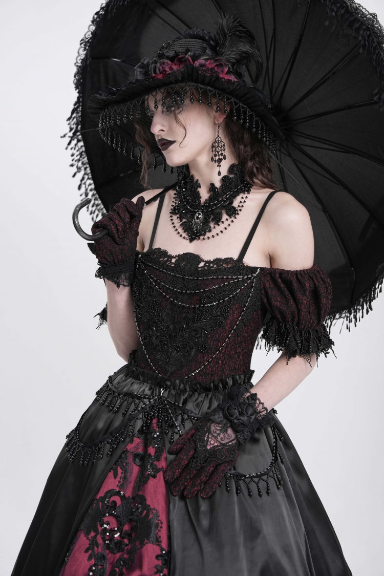 Crimson & Noir Off-Shoulder Embroidered Stitched Lace Gothic Dress