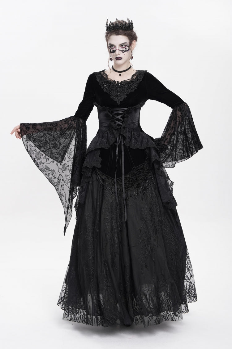 Beaded Pleated Gothic Blouse with Lace-Up Front and Extended Sleeves