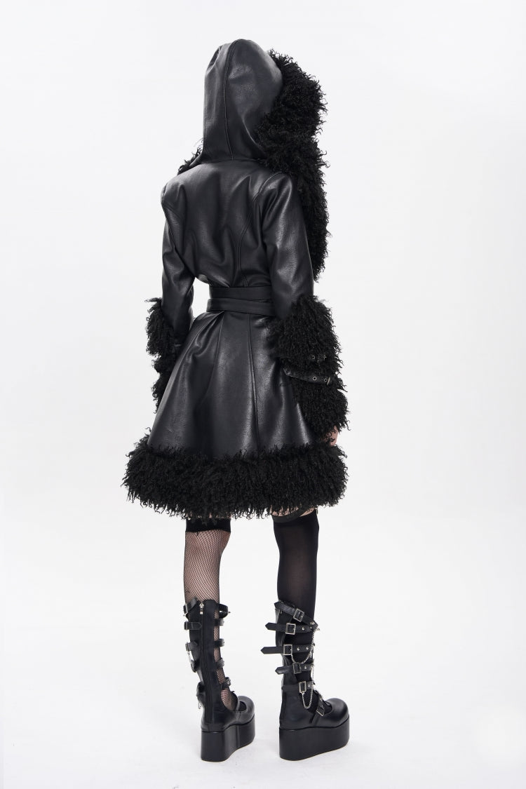 Women's Punk Coat with Plush Stitching, Buckle Straps and Hood, Long Sleeve