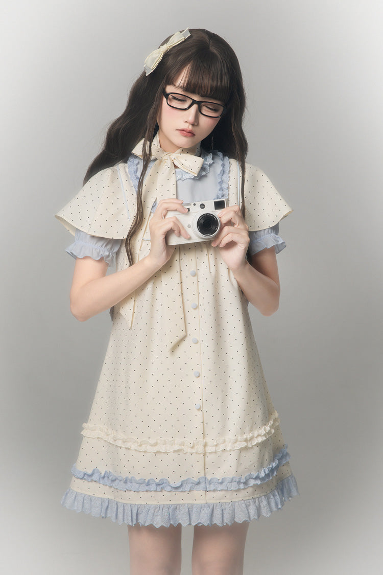 Polka Dot Bouclé Printed Ruffled Faux Two-Piece Sweet Japanese Lolita Dress with Round Collar and Long Sleeves