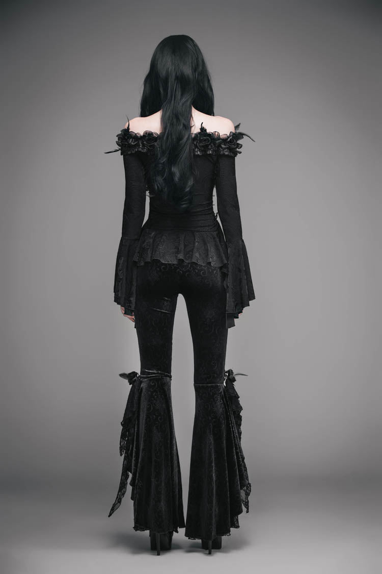 Gothic One-Shoulder Blouse with Rose, Lace-Up Flare Sleeves & Side Splice