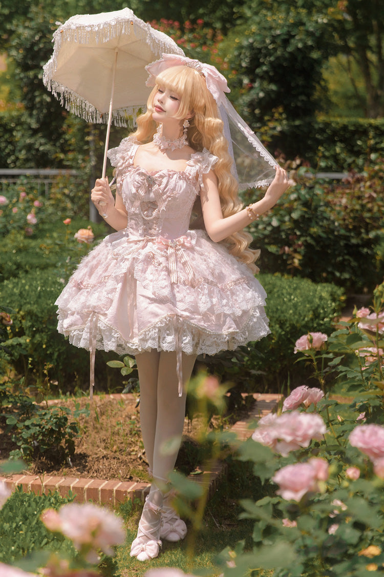 Anna's Ball Square Collar Hanayome Bow Lace JSK, Sweet Princess Ballet Ruffled