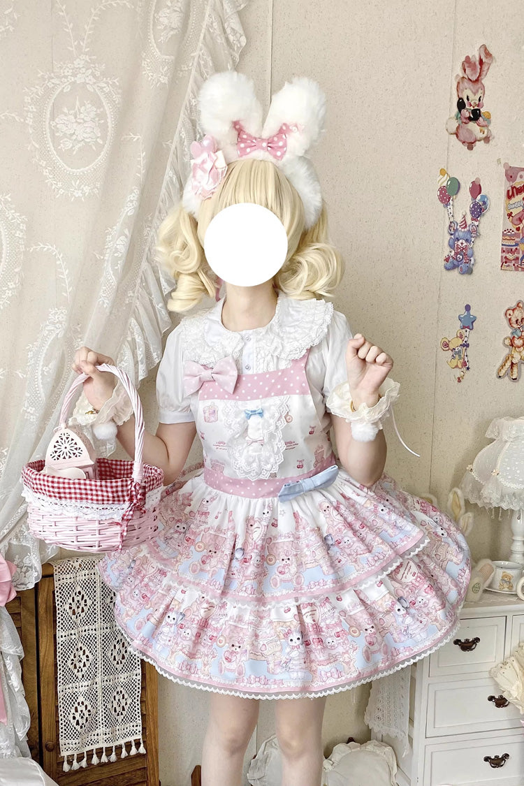 Bunny & Bear Tea Party Lace Strap Dress, Double-Layered Ruffle Bow Sweet Lolita