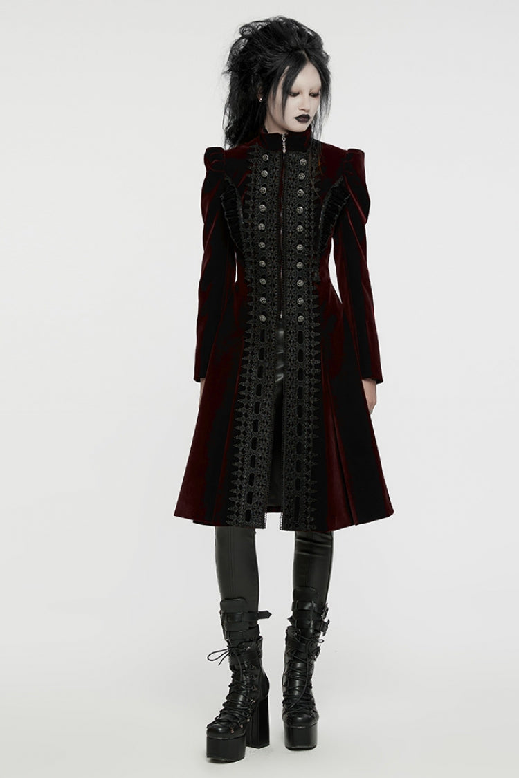 Crimson Noir Floral Embroidered Puff-Sleeve Women's Gothic Overcoat