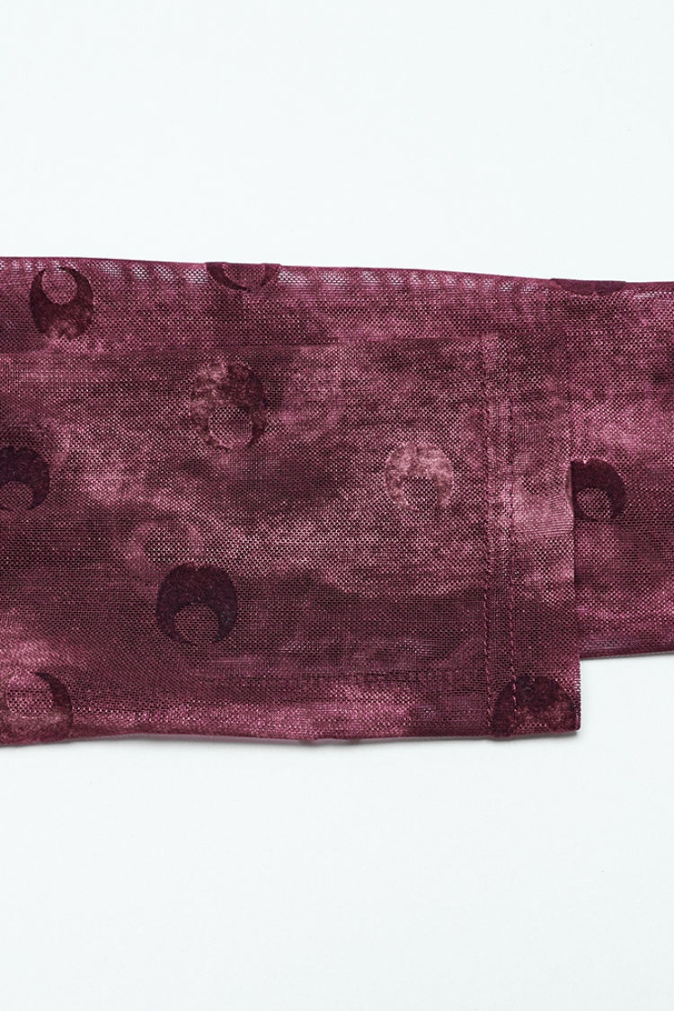 Crimson Gothic Blouse with Moon Print and Ruched Mesh