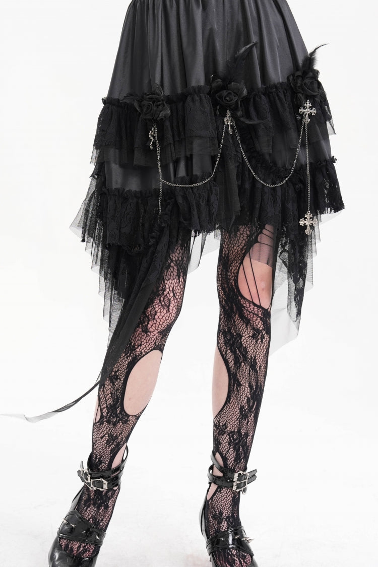 Women's Gothic Skirt with Chain Ruffle, Lace and Irregular Hem Cross