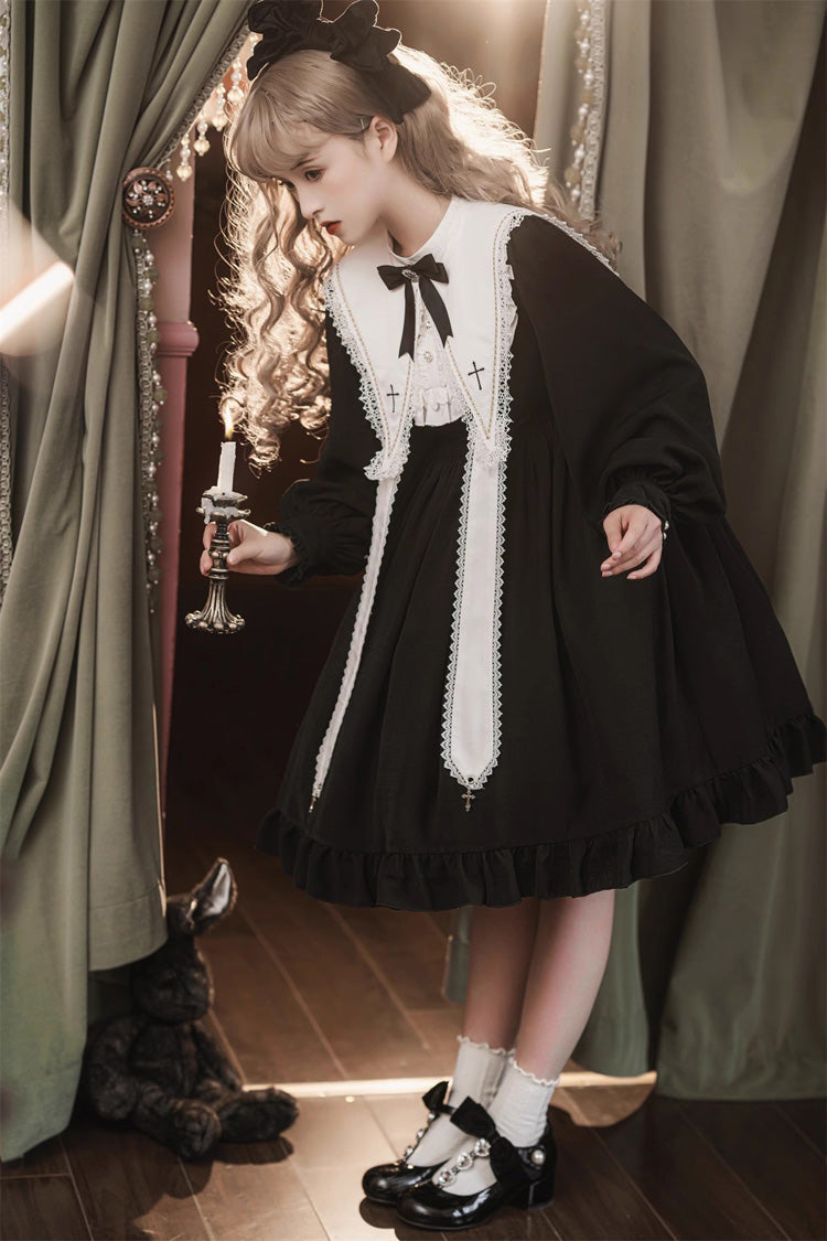 Elegant Nun-Inspired Gothic Dress with Ruffled Bow and Lace, Long Sleeves